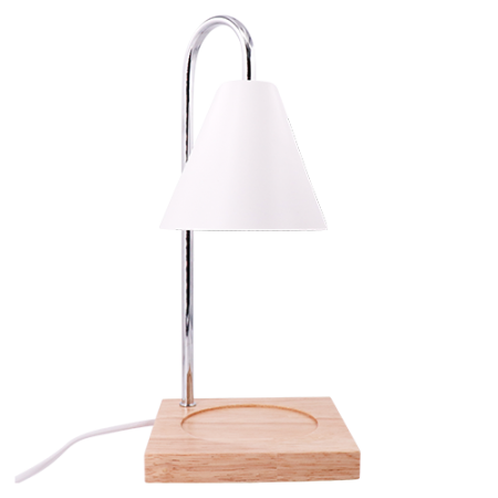 Candle Warmer, White Lampshade, Sliver Stand with Burly Wood Base